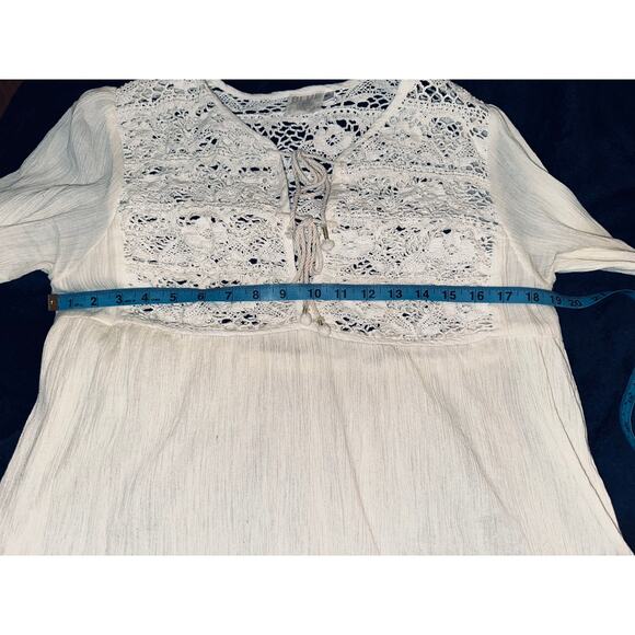 NEW BLUE HIPPY COTTON GAUZE LACE INSET TUNIC TOP M/L COTTAGECORE BOHO - Picture 6 of 8